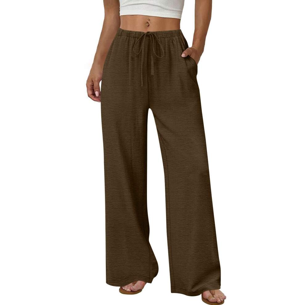 Women's Wide Leg Pants Flowy Drawstring Elastic Waist-Coffee XL