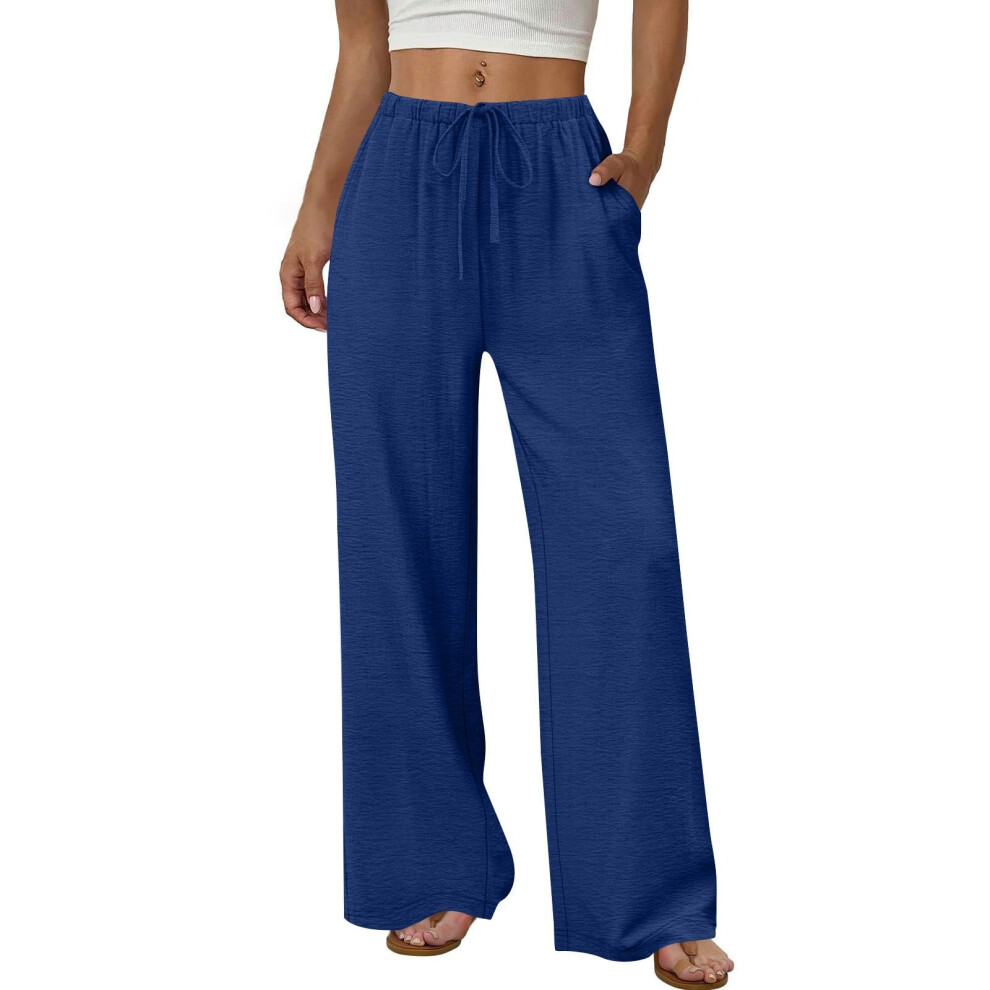 Women's Wide Leg Pants Flowy Drawstring Elastic Waist-Blue M