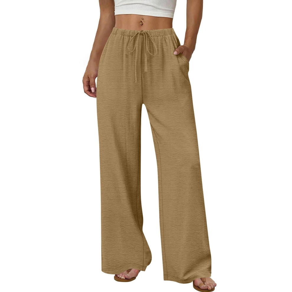 Women's Wide Leg Pants Flowy Drawstring Elastic Waist-Khaki L