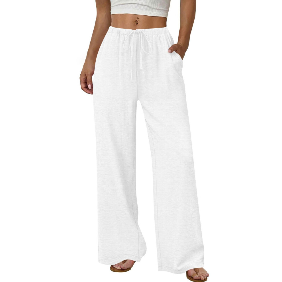 White Women's Wide Leg Pants Flowy Drawstring Elastic Waist- Xl