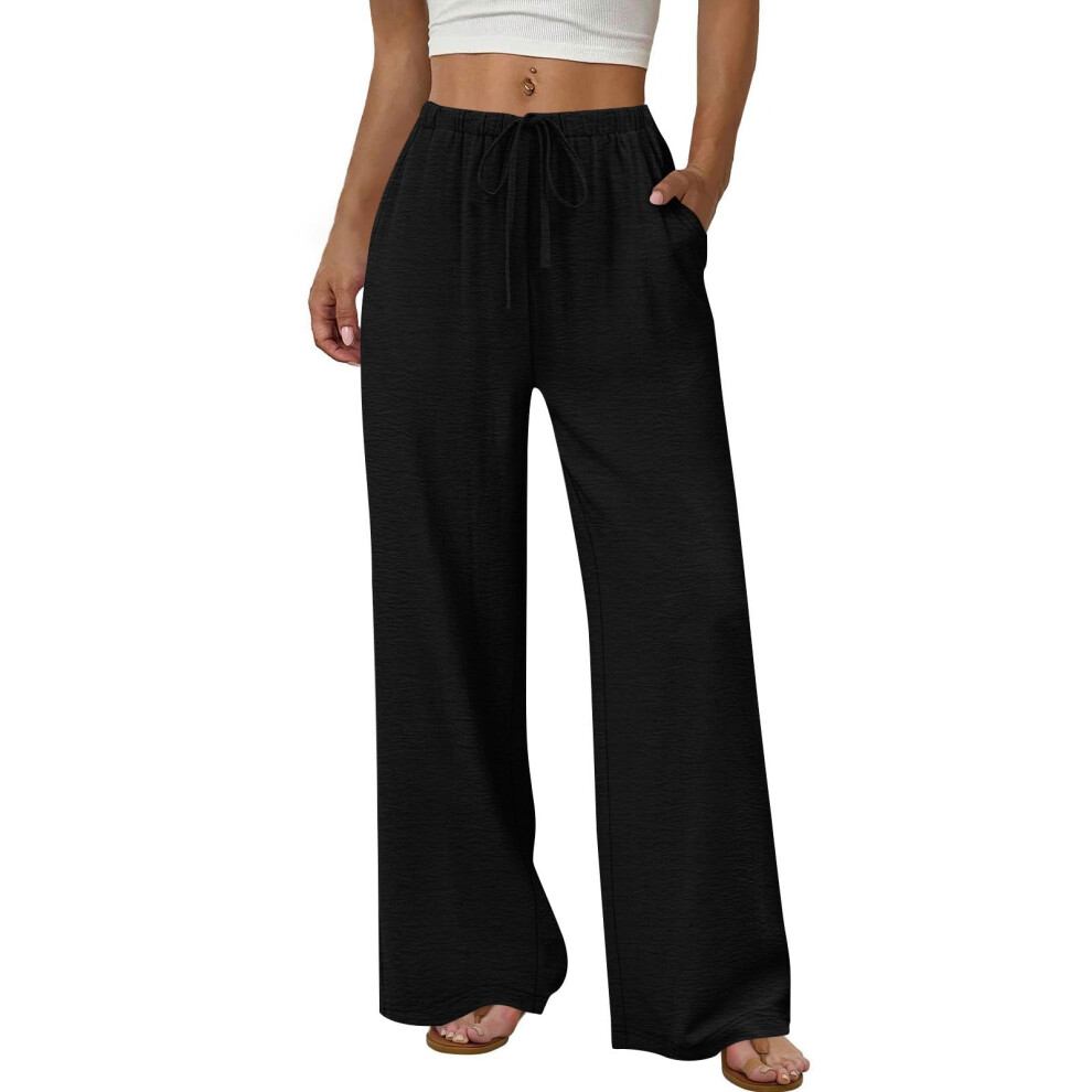 Women's Wide Leg Pants Flowy Drawstring Elastic Waist-Black L