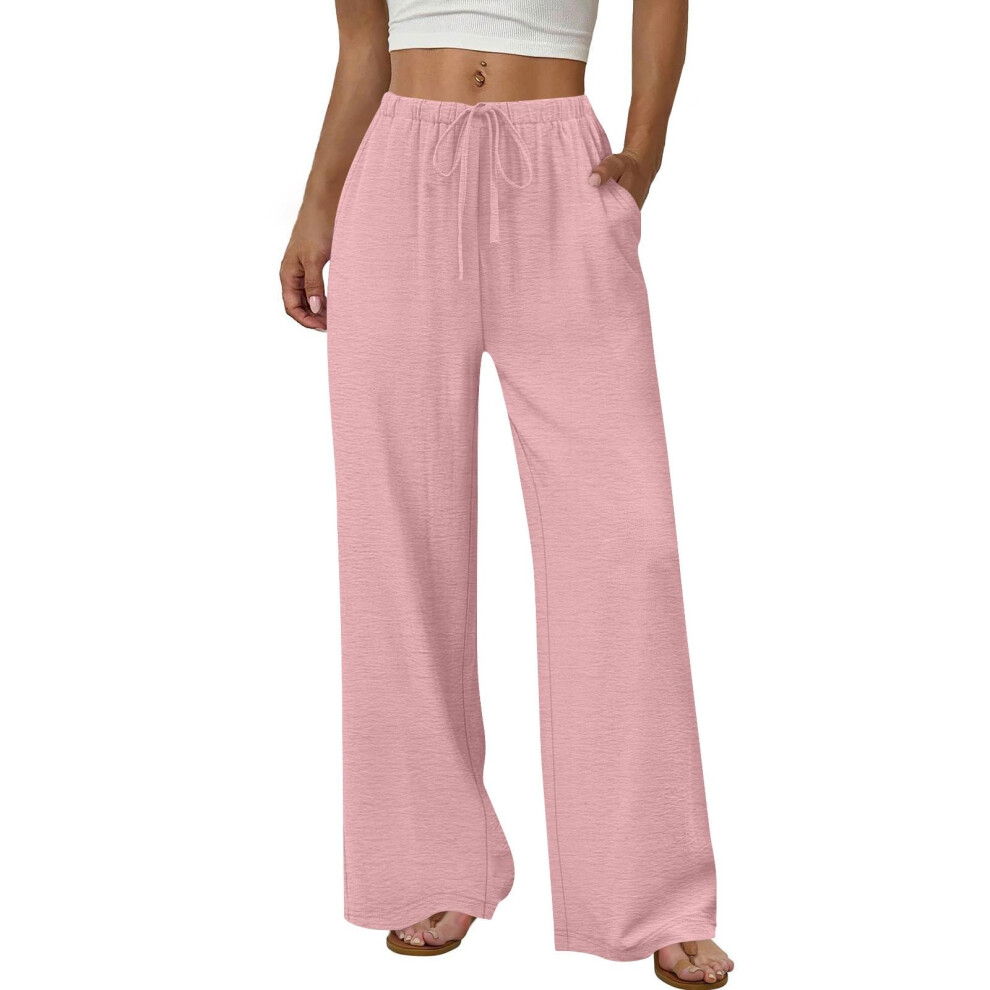Pink Women's Wide Leg Pants Flowy Drawstring Elastic Waist- Xl