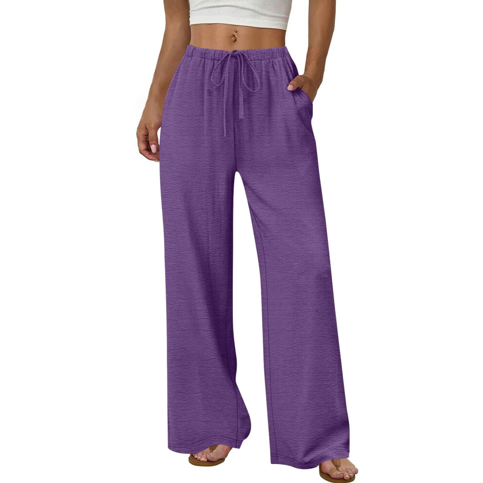 Purple Women's Wide Leg Pants Flowy Drawstring Elastic Waist- L