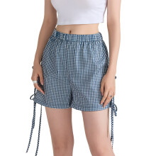 Eye Catching Grids Design Women's Shorts With Tied-dark blue M