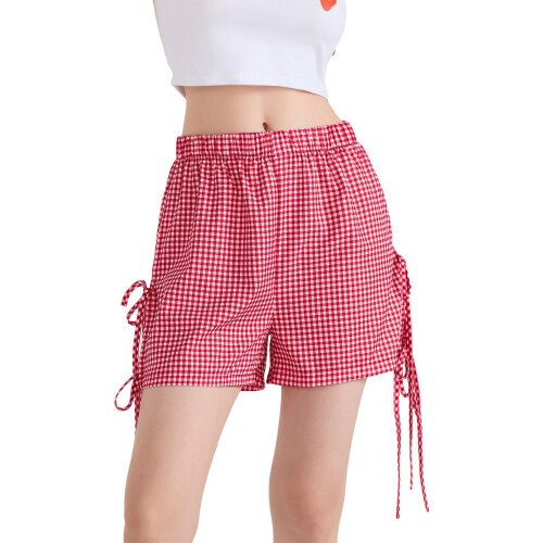 Breathable Casual Plaids Shorts Polyester And Elastic-Red S