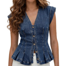 Ladies Jeans Cloth Vest With Ruffle Hem Breathable-Blue XL