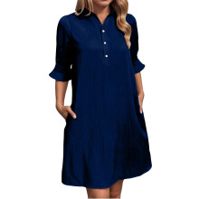 Women's casual shirt dress with ruffled , shirt-Navy Blue XL