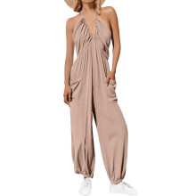 Women's Diving Backless Sleeveless Pleated Long-Khaki XXL