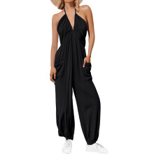 Dames duiken rugloze mouwloze geplooide lange jumpsuit-Zwart XL
