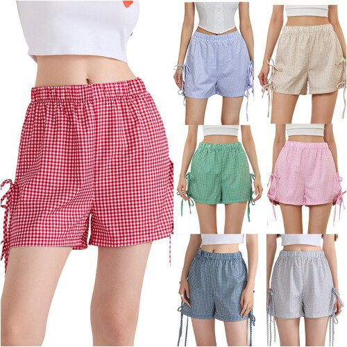 Breathable Casual Plaids Shorts Polyester And Elastic-Pink S 1