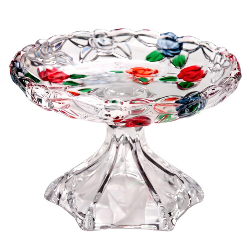 Artistic Floral Embossed Glass Compote Dish-Tall Fruit Bowl