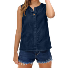 Baumwoll-Leinen-Top für Damen, lockeres-Marineblau M