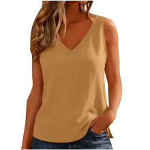 Women V Neck Casual Curved Sleeveless Loose Fit-Khaki XL