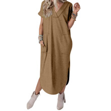 Beach Dresses for Women Fall Short Sleeve Vneck Maxi-Khaki M