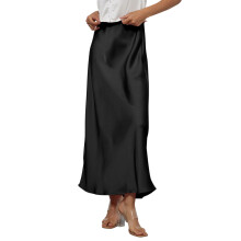 Womens Elegant Silk Maxi Skirt Elasticized High Waist-Black XS
