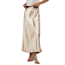 Womens Elegant Silk Maxi Skirt Elasticized High Waist-apricot L