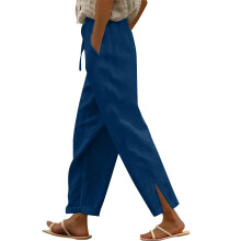 Linen Pants for Women Elastic High Waist Split Hem-Dark Blue S