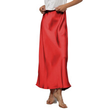 Womens Elegant Silk Maxi Skirt Elasticized High Waist-Red XS