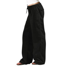 Wide Leg Pants for Women Baggy Drawstring Long Cotton-Black XL