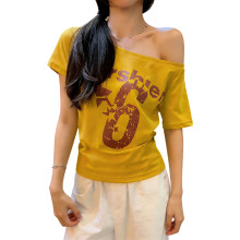 Women Off Shoulder Tops Short Sleeve T-Shirt Loose-Yellow M