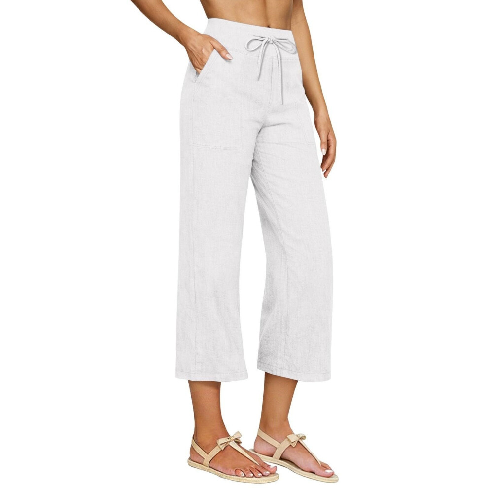 White Linen Capri Pants For Women Wide Leg Capris Pant- Xl