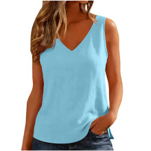 Women V Neck Casual Curved Sleeveless Loose Fit-Sky Blue L