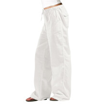 Wide Leg Pants for Women Baggy Drawstring Long Cotton-White XL