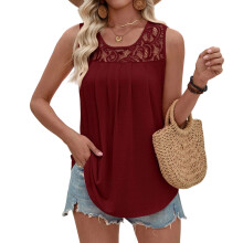 Women's Sleeveless Blouses, Loose Fit, Pleated,-Burgundy S