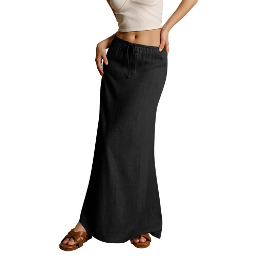 Women's color drawstring elastic waist multi-color-Black M
