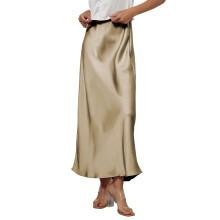 Womens Elegant Silk Maxi Skirt Elasticized High Waist-Khaki S