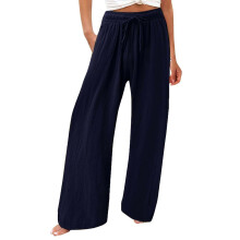 Women's cotton and linen leggings, high-waisted,-Navy Blue M