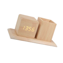 Multifunctional Wood Desktop Clock With 3 Alarms-light color
