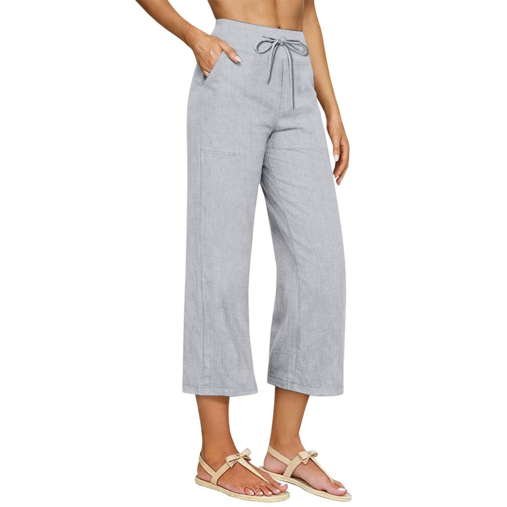 Gray Linen Capri Pants For Women Wide Leg Capris Pant Summer- M