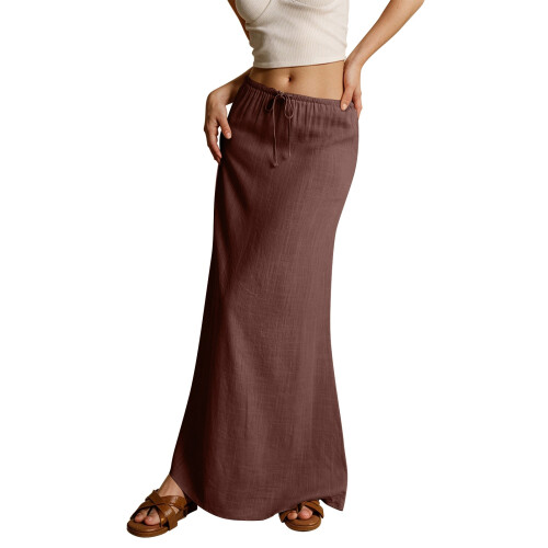 Women's color drawstring elastic waist multi-color-brown XL