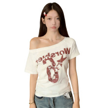 Off Shoulder Tops Short Sleeve T-Shirt Loose Blouses-White L