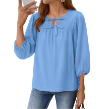 Women's Three-Quarter Sleeve Top, Casual and Elegant-Blue L