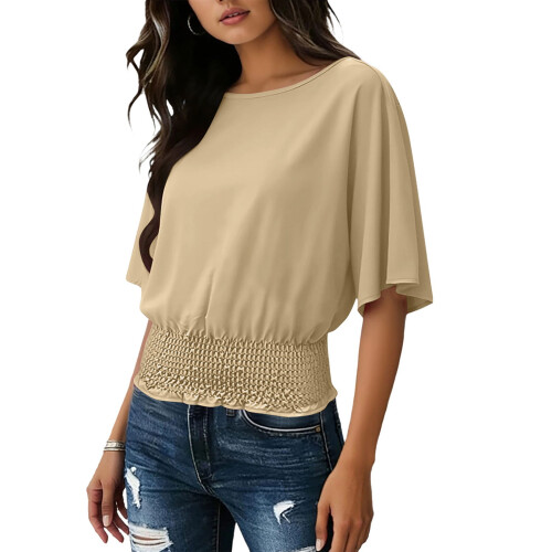 Women Spring Neck Short Sleeve Bottom T Shirts Basic-Khaki M