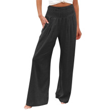 Wijde pijpen linnen broek Dames Hoge strand flowy broek-Zwart XL