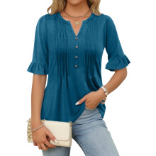 Women's Casual Three Quarter Sleeve V Neck T Shirt-Turquoise S