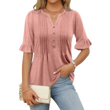 Casual Polyester Women's Three Quarter Sleeve Shirt V-Pink S