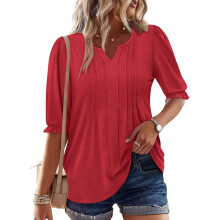Women's three-quarter sleeve sleeve top, loose belted-Red M