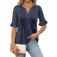 Women's Ruffled Three Quarter Sleeve Top V Neck-Dark Grey S