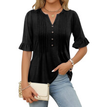 Stylish Women's Three Quarter Sleeve Top V Neck Ruffled-Black L