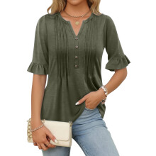 Solid Color Casual Women's Shirt Three Quarter-Army Green L