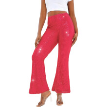 Pantalon évasé à paillettes pour femmes, pantalon-Rose rouge XL