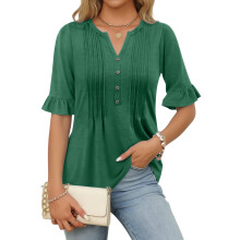 Solid Color Casual Women's Shirt Three Quarter Sleeve-Green S