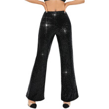 Women's Glitter Sequins Wide Leg Flared Pants Disco-Black XL
