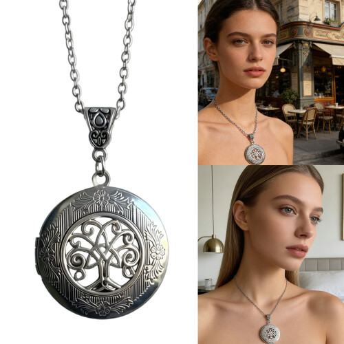 Unique Antique Silver Tree Necklace With Hide Picture Holder-1 2