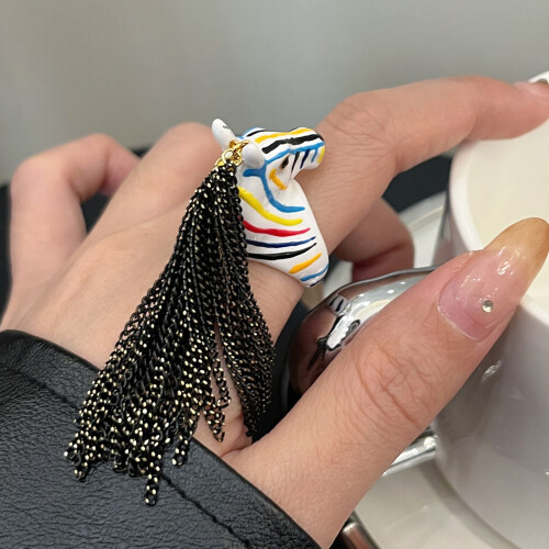 Creative Zebras Head Open Rings With Long Tassels Eye-Multi 2