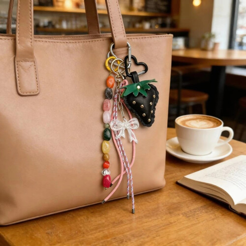 Punk Style Black Studded Strawberry Bag Charm With Agate Stone 1